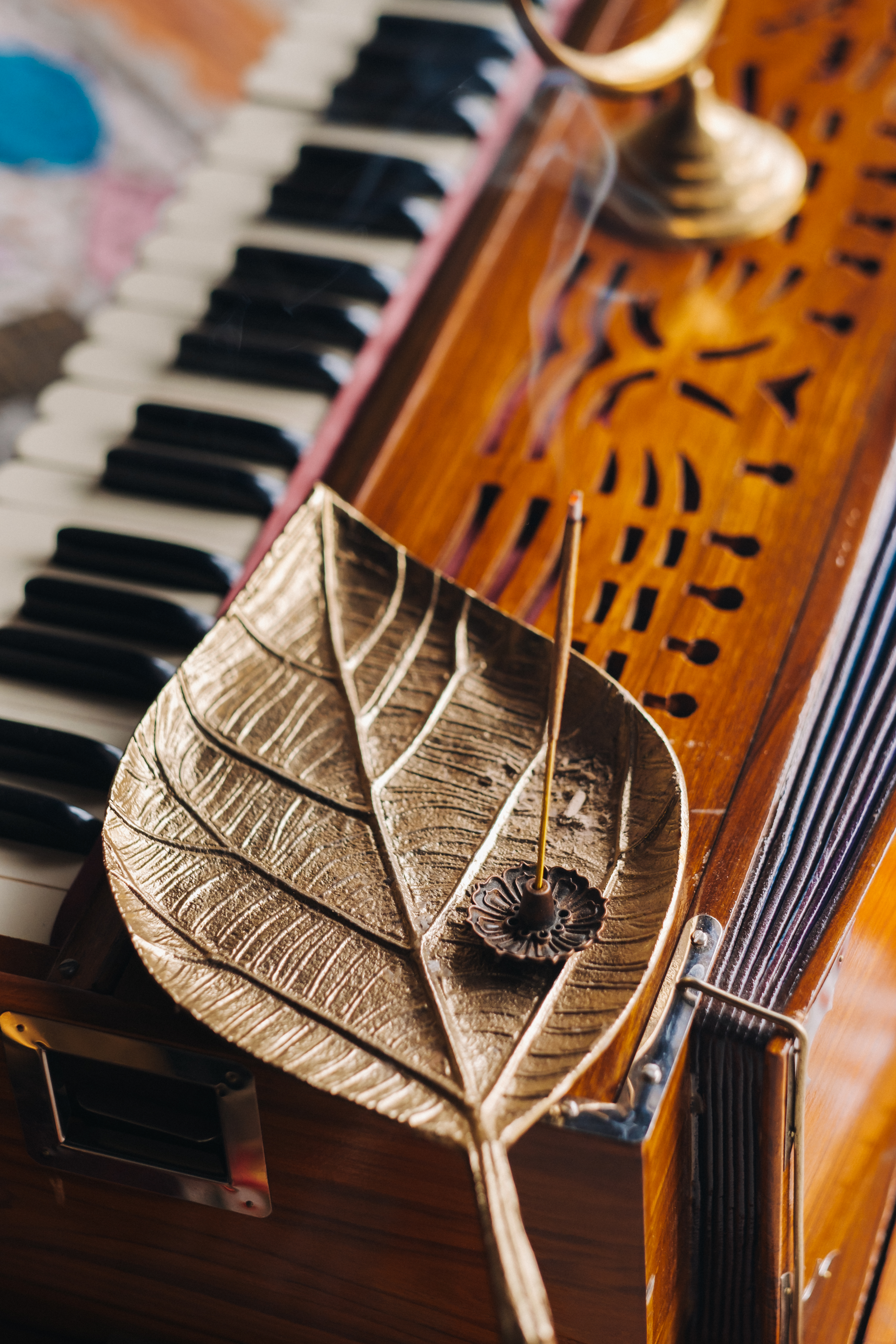 Incense on a leaf dish near an instrument